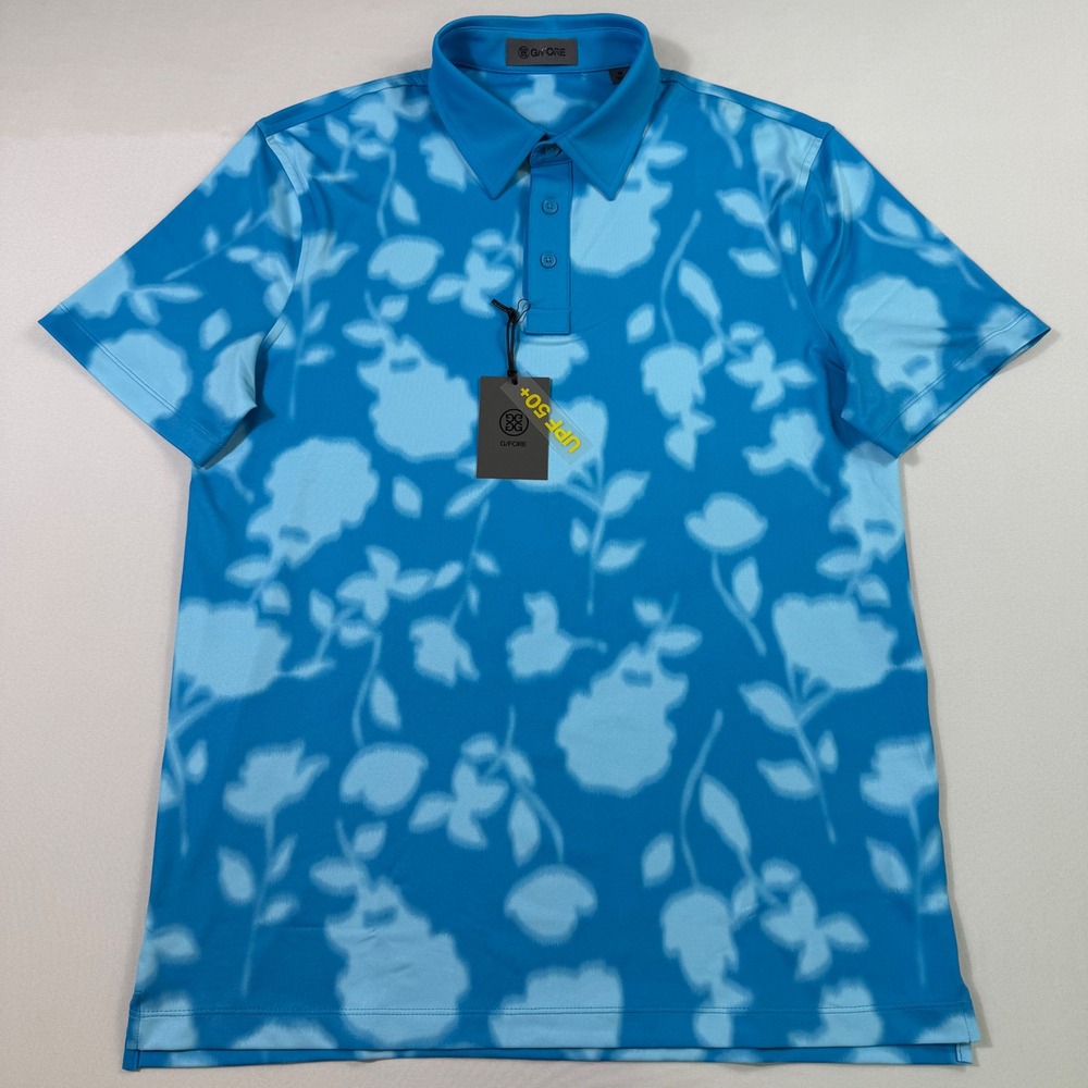G/FORE Golf Polo Shirt Mens Medium Venet Blue Floral Shadow‎ Print UPF 50+ NEW